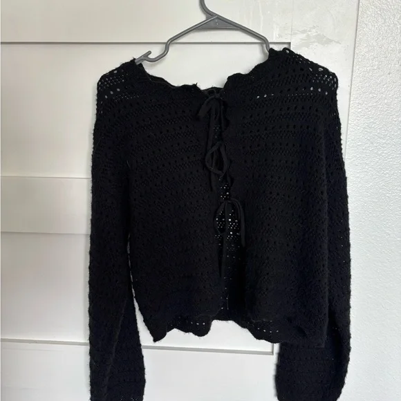 Tie Front Cardigan Scallop Crewneck Long Sleeve Knit Sweater - Picture 7 of 7